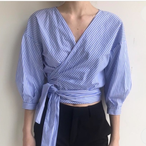 Zara Blue White Stripe Short Shirt Wrap Around Size Small - Picture 3 of 8